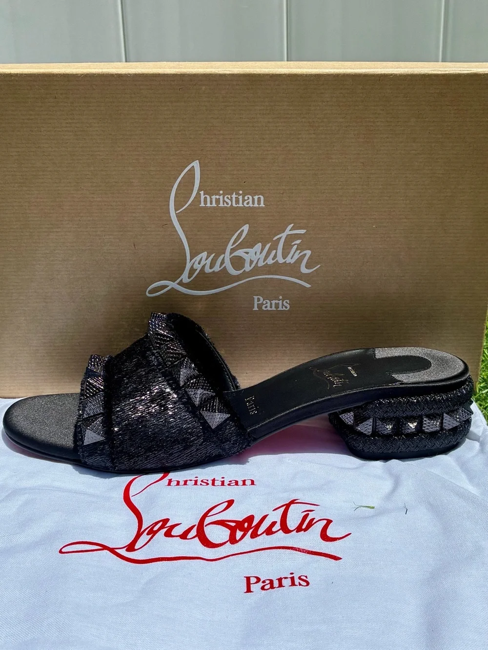 CHRISTIAN LOUBOUTIN PYRAMULE 30 SLIDE MULE SANDAL BLACK VELVET METAL STUDS SZ 38